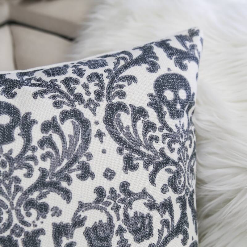 Gothic Damask Skull Throw Pillow - Black & White Cotton Linen Set of 2