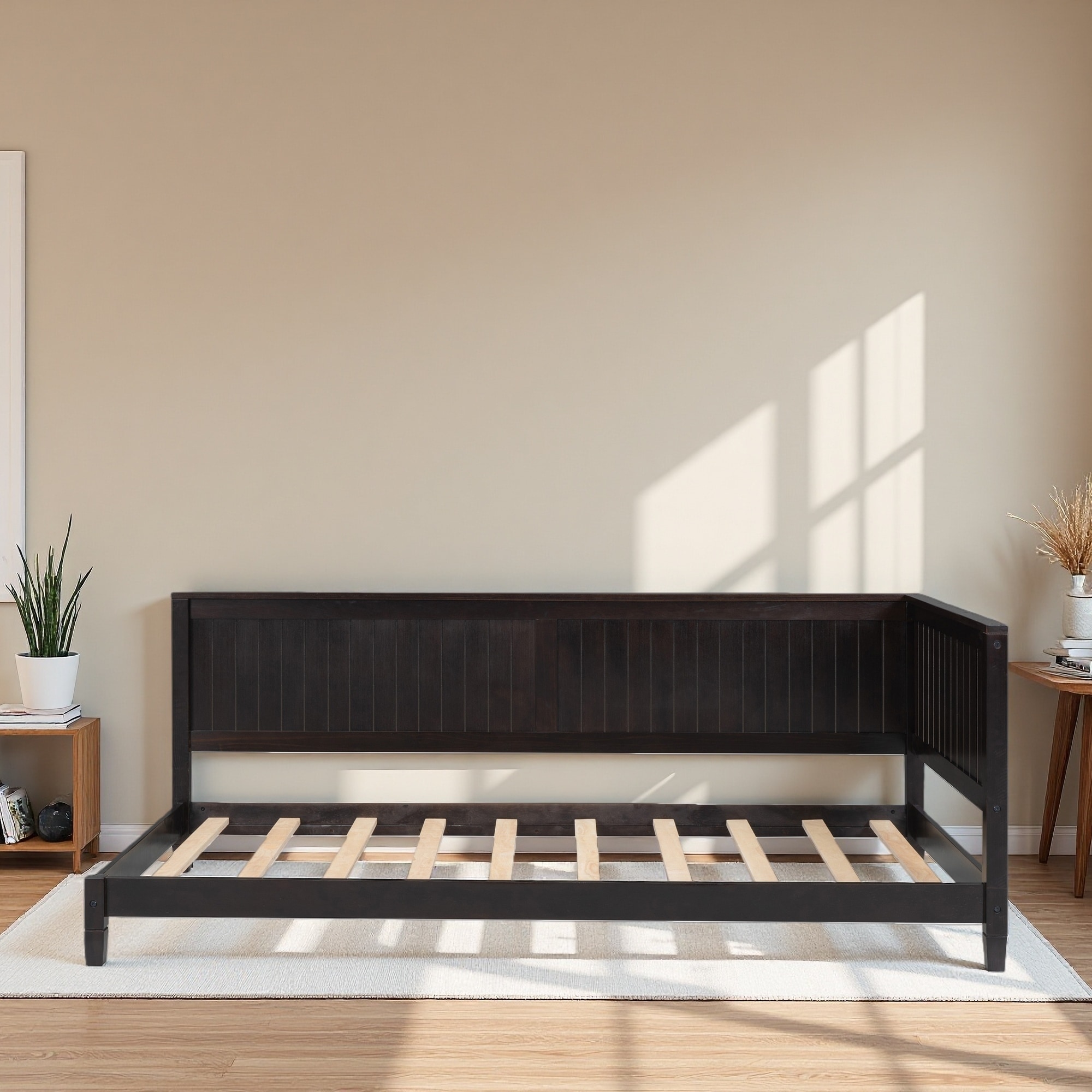 Twin Size Wood Daybed/Sofa Bed, Mid-Century Modern Design, Sturdy Wood Frame, Convertible Sofa & Bed