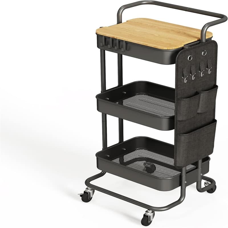 3 Tier Metal Utility Rolling Cart with Table Top and Side Bags - 17.3"D x 18.3"W x 37.3"H