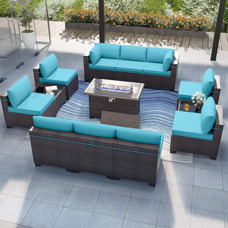 Kullavik 13 Pieces Outdoor Patio Furniture Set with Fire Pit Table