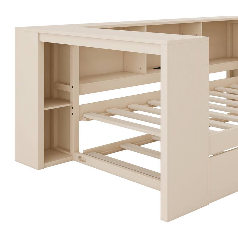 Upholstered Sofa Bed, Wood Daybed, L-shaped Bed Frame with Desk, Shelves, Charging Station, and Optional with Trundle or Drawers