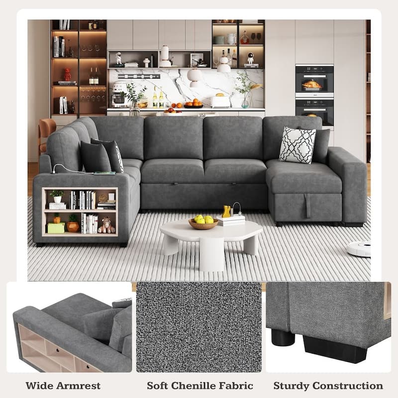 U-Shaped Sectional Sofa with Two USB Ports and Storage Chaise