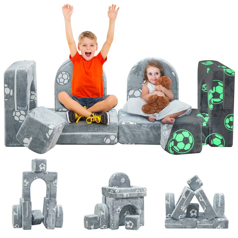Mieres Modular Kids Sofa Couch, Modular Toddler Glow Sofa, Fold Out Play Couch for Kid with 2 Seats - Grey - Grey