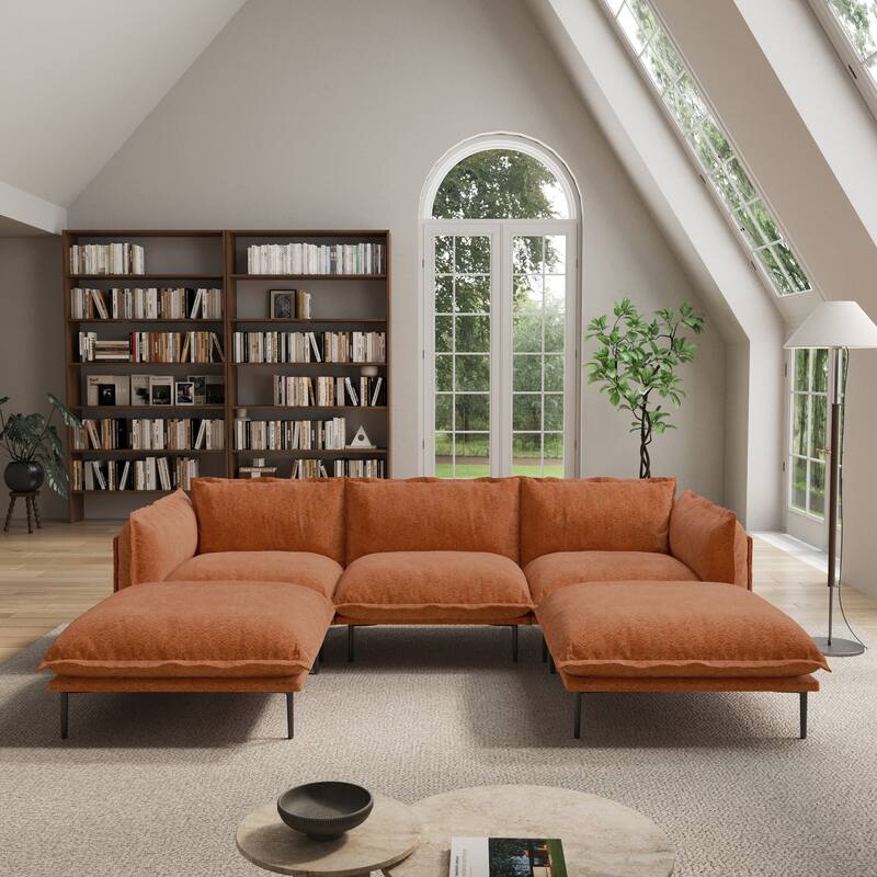 Living Room Furniture Velvet Sectional Sofa Modern Modular Sofa Deep Seat Upholstered Cloud Couch with 2 Ottomans - Orange