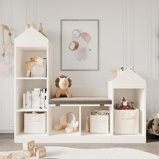 Kids Bookshelf with Reading Nook, Bookcase with Seat Cushion