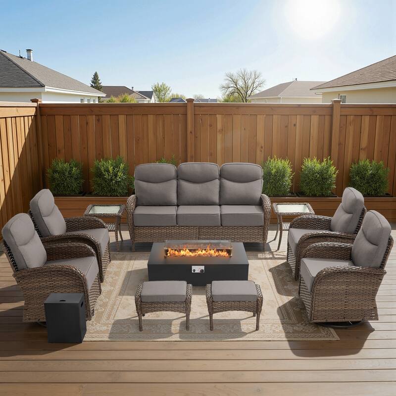 Luna 10-Piece Wicker Outdoor Patio Fire Pit Sofa Set with 6-Inch Thick Cushions