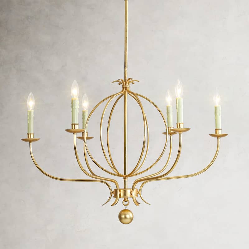 6-Light Mid-Century Modern Linear Sputnik Gold Leaf Chandelier for Living/Dining Room - 33.4 in. W x 37.8 in. H
