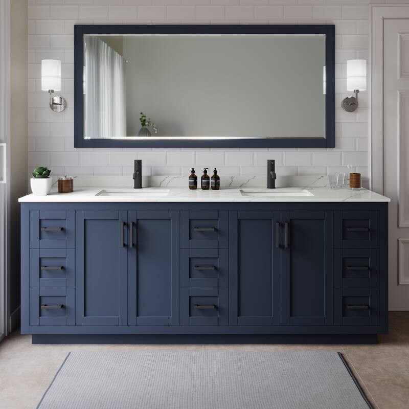 Wyndham Collection WCF292984D-QTZ-UNSMXX Miranda 84" Free Standing - Dark Blue / Giotto Quartz Top / Matte Black