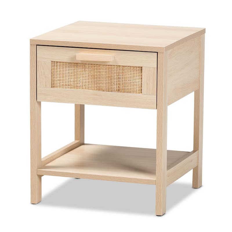 Baxton Studio Sebille Mid-Century Modern Light Brown Finished Wood 1-Drawer End Table with Natural Rattan - Light Brown