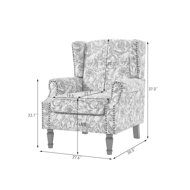 Traditional Floral Patterned Wingback Armchair with Nailhead Trim