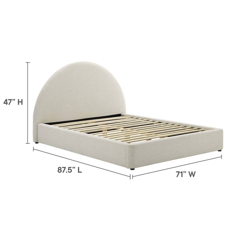 Palmetto Modern Round Headboard Ivory Fabric Upholstered Queen Size Platform Bed
