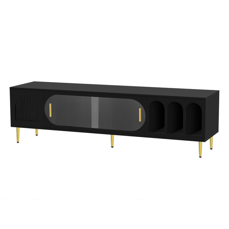 Modern TV Stand with Arched Shelves, Sliding Acrylic Door, Golden Metal Handles, and Ample Storage, Fits TVs up to 70 Inches.