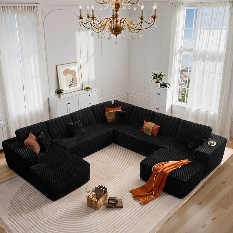 OVIOS 5-Piece Arced Plush Modular Sofa Set - Black