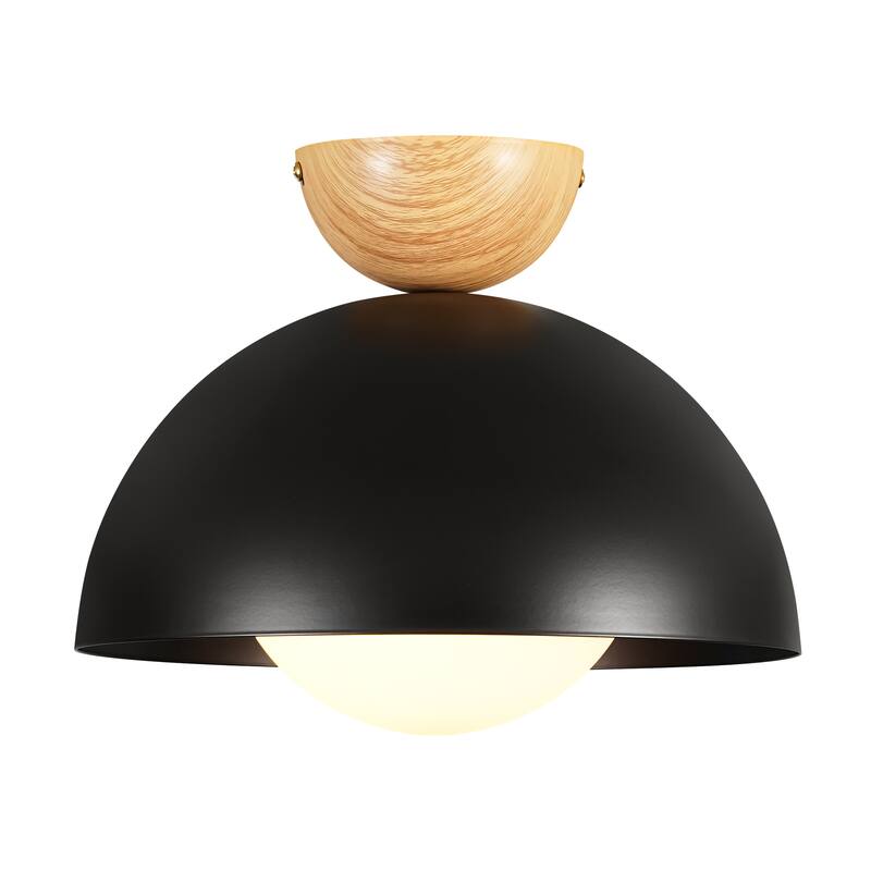 1-Light 11.8" Modern Farmhouse Black Semi-Flush Mount Ceiling Light - 11.8 in. W x 9.84 in. H