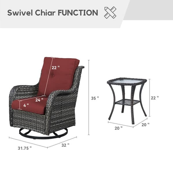 dimension image slide 9 of 11, Gymojoy 3 Piece Outdoor Wicker Swivel Rocker with Cushion & Table
