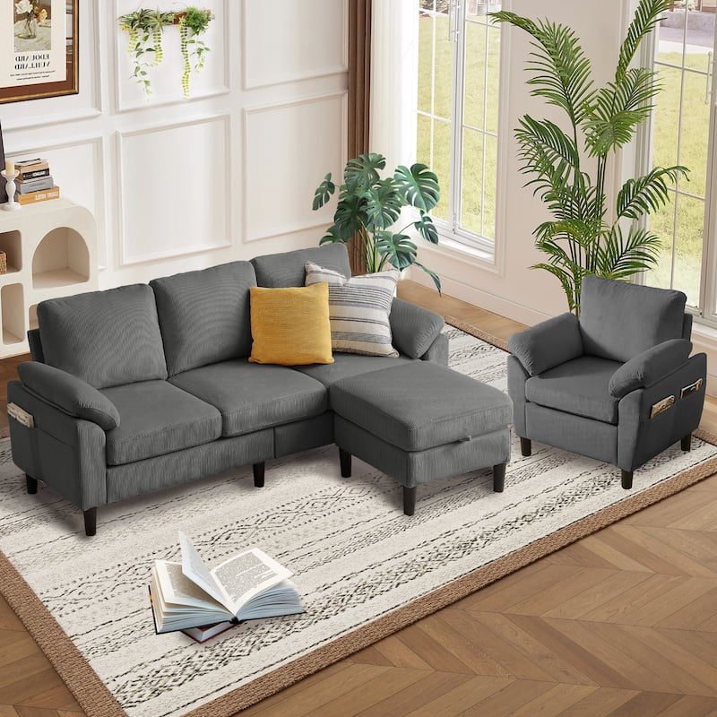 79.72" Corduroy 3 Pieces Living Room Sets Including Sectional Sofa with Storage Ottoman and Armchair Set