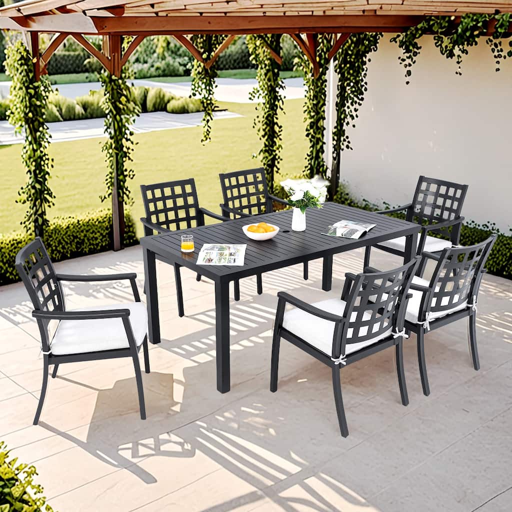 Aluminium Dining Table Set with Parasol Hole & 6 Dining Chair, 7-Piece