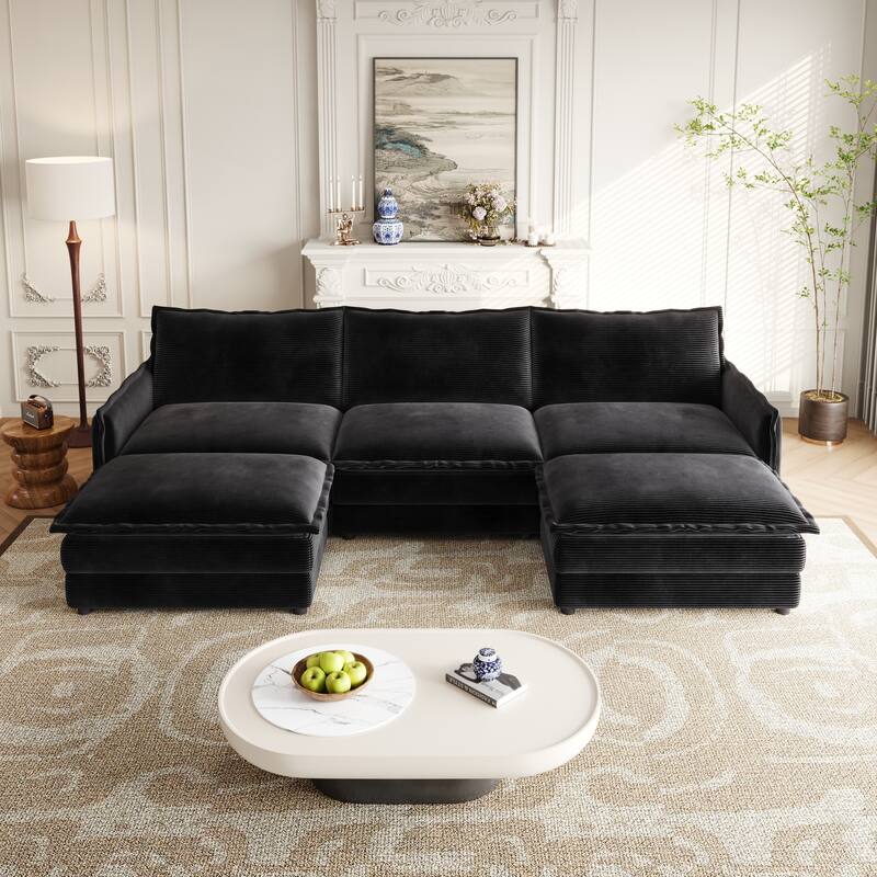 3-seater Cloud Sofa Corduroy Upholstered Sectional Couch with Ottoman