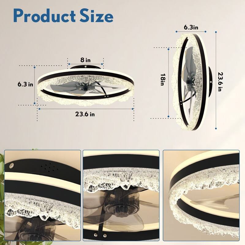 Smart Silent LED Ceiling Fan with Light Crystal Flush Mount, Hidden Blades