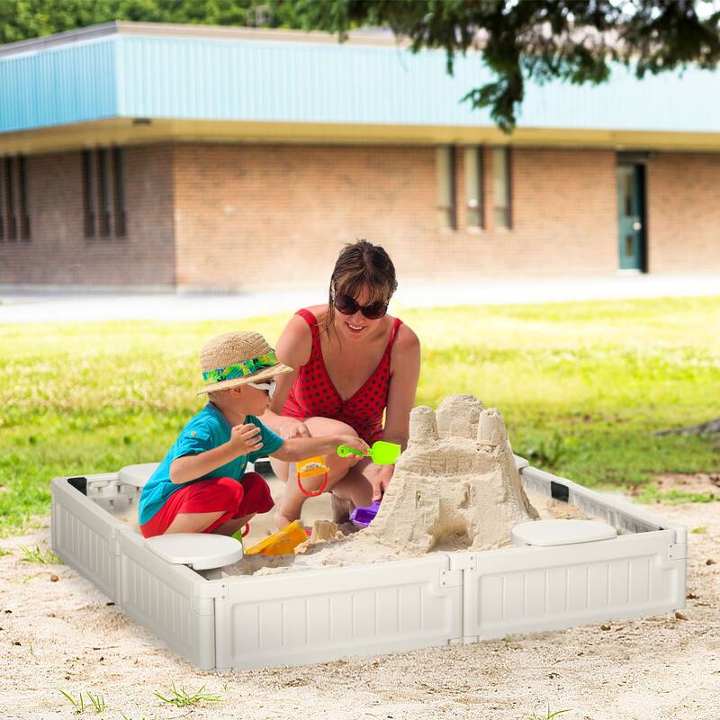 Cream White HDPE Kids Sandbox with Four Semicircular Seats Outdoor Play Sandpit with Waterproof Cover Ages 3 to 12 - Cream-White