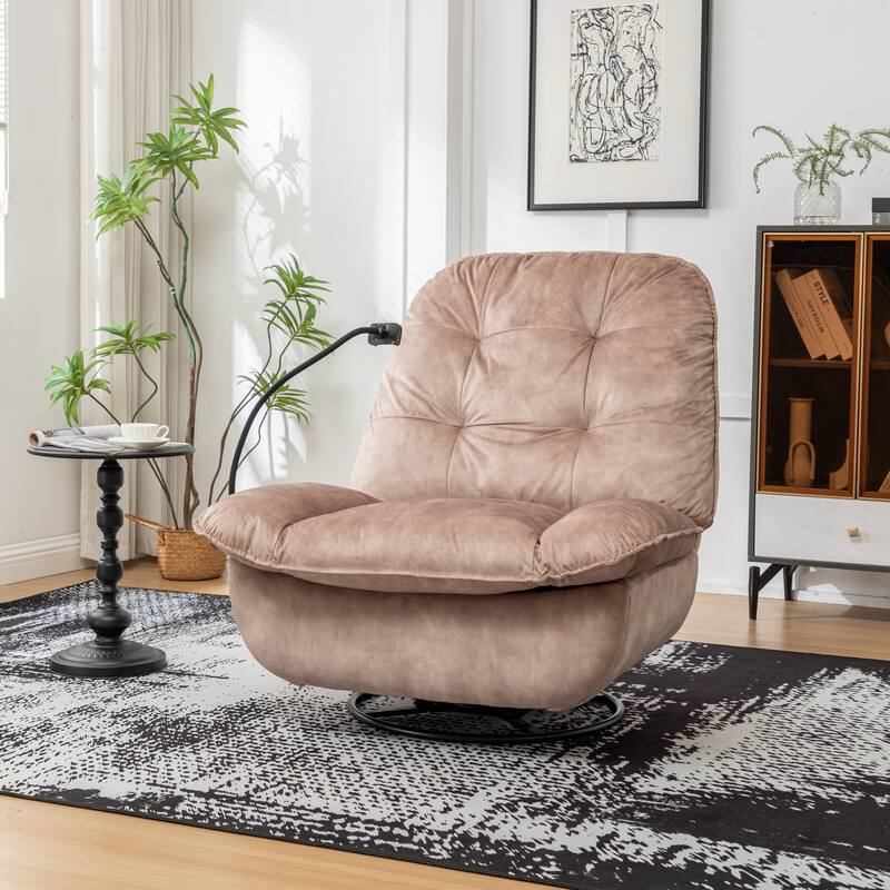 Velvet Swivel Recliner Chair, Living Room Chair with Phone Holder, Modern Rocker Reclining, Upholstered Glider Recliner Chairs - Natural & Light Brown