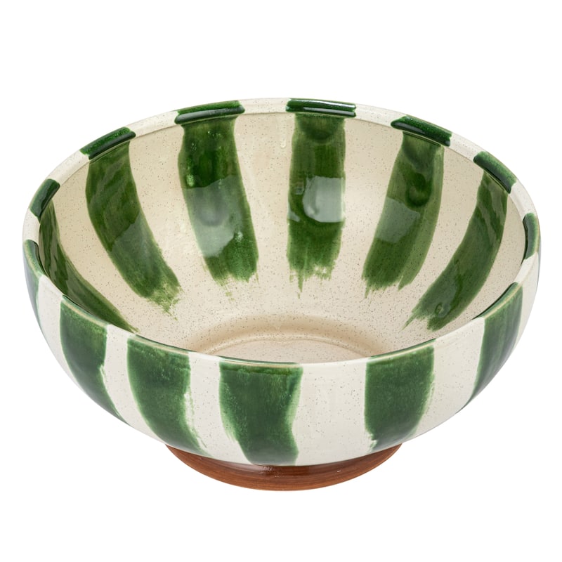 Hand-Painted Stoneware Footed Bowl with Stripes - 10.4"L x 10.4"W x 4.9"H - 10.4"L x 10.4"W x 4.9"H