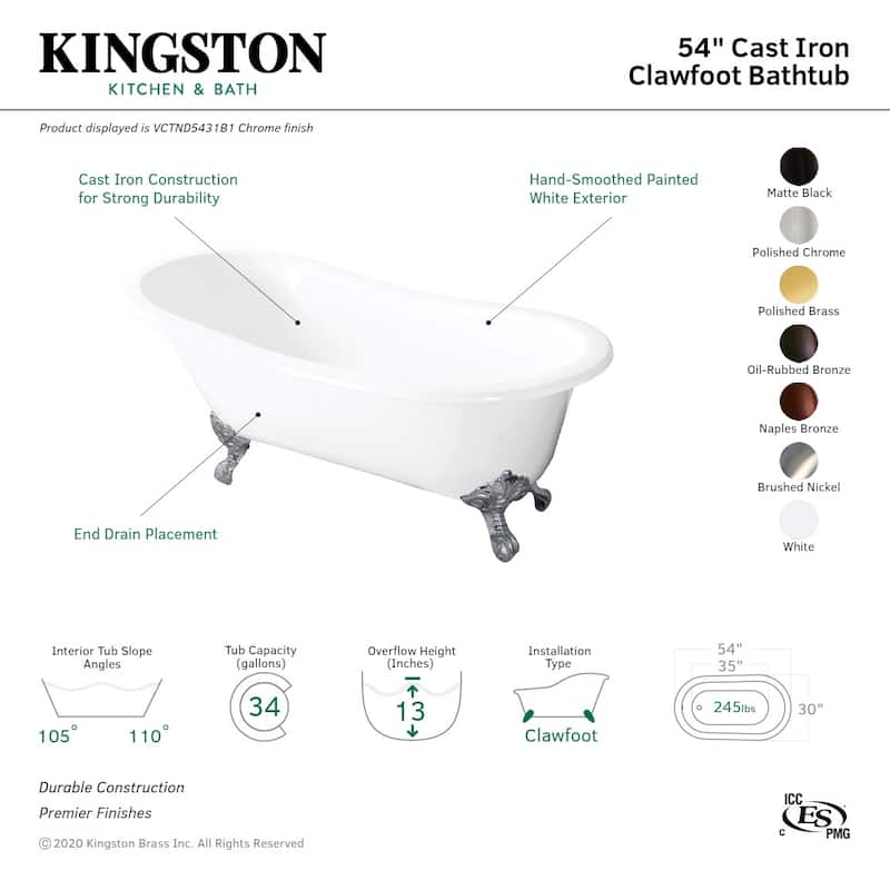 Kingston Brass Aqua Eden 54" Clawfoot Cast Iron Soaking Tub with
