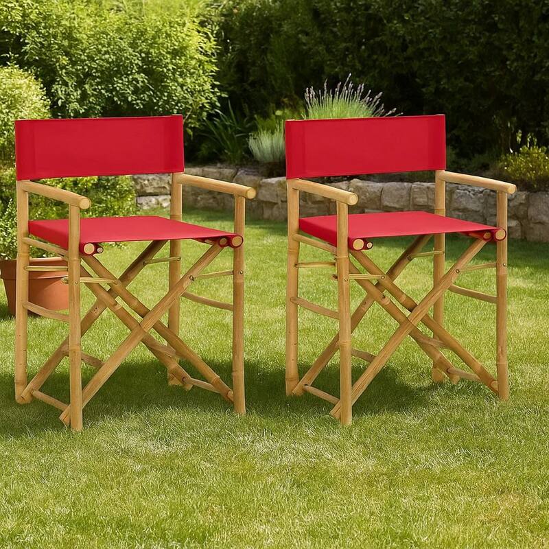 Outdoor Foldable Accent Chair Set of 2, Red Fabric, Brown Bamboo