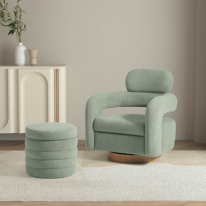 Bayville Sherpa Swivel Chair With Round Storage Ottoman 2-Piece Set