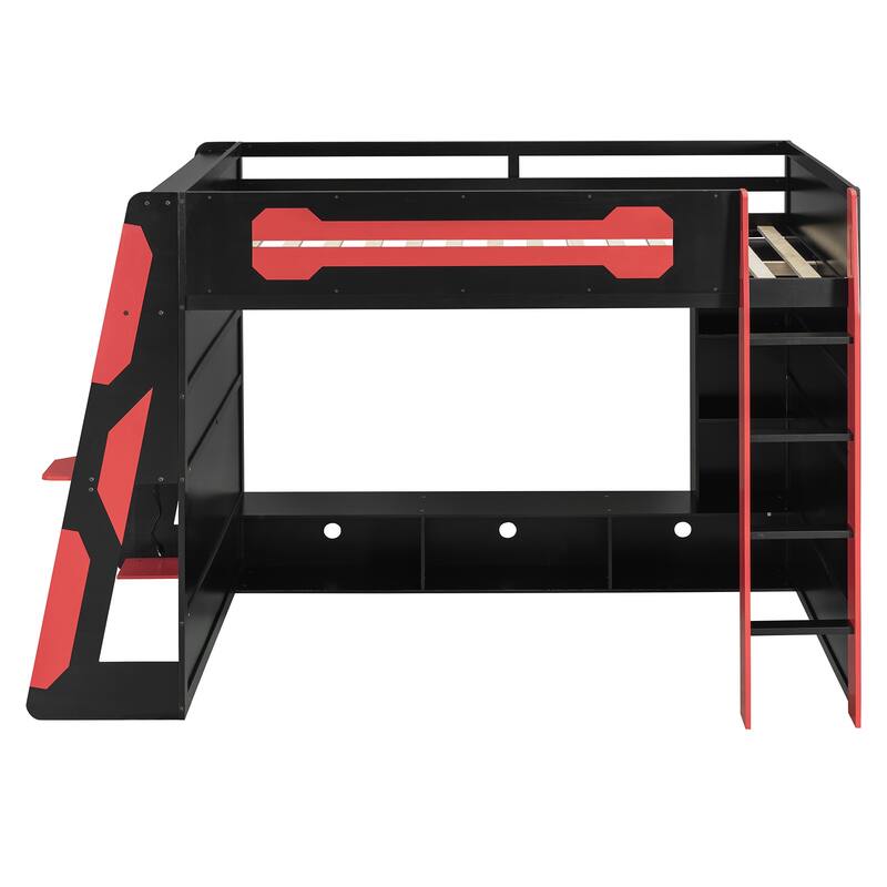 Full Size Esports Gaming Loft Bed Wood Frame Loft Bed with All-in-one Work Play Desk, Bookcase and RGB Ambient Light