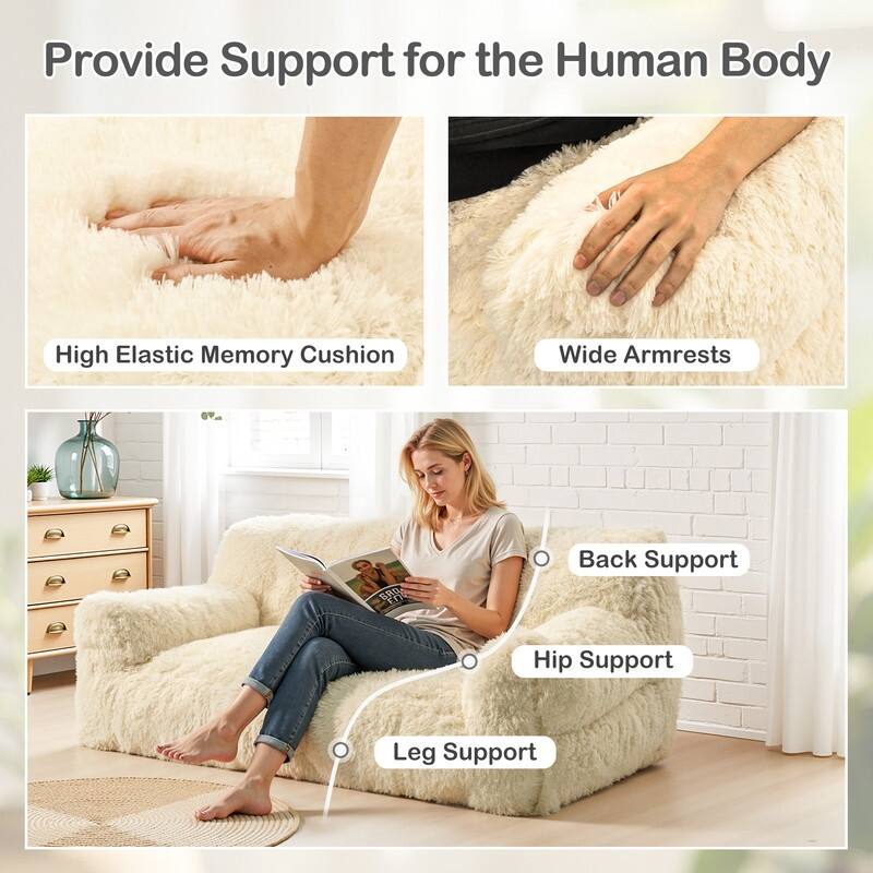 Plush Fluffy Faux Fur Foam Filled Bean Bag Chair, Cozy Soft Loveseat Floor Sofa