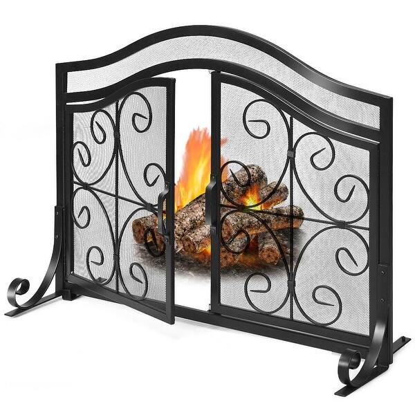 Shop Gymax Fireplace Screen With Hinged Magnetic Two Doors Flat Guard Freestanding Black Overstock 29123339