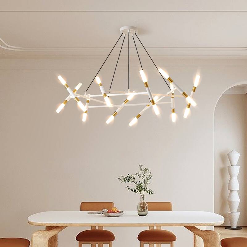 41" Modern Chandelier Light Fixture, with Frosted Tubes, Adjustable Height Pendant Light for Dining Room, Living Room - White