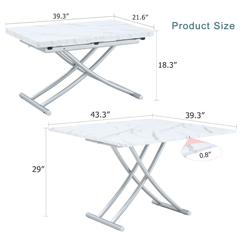 Roomfitters Lift Top Table with 0.8" MDF Surface and Silver Metal Legs, Modern Desk for Dining or Work Use, White+Silver