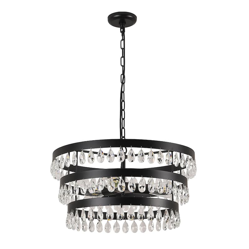 3 - Light 3 - Tier Crystal Chandelier, Black Iron Frame, Ceiling Pendant - Matte Black - Matte Black