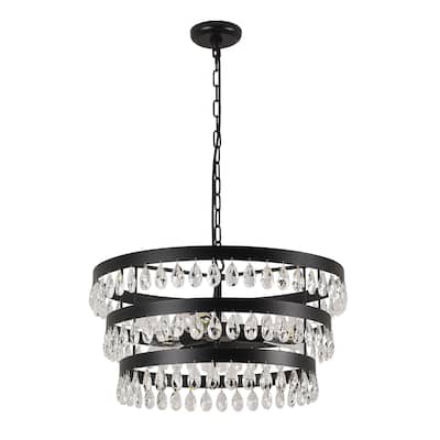 3 - Light 3 - Tier Crystal Chandelier, Black Iron Frame, Ceiling Pendant - Matte Black