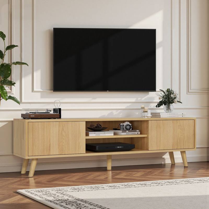 Meyreso 63" Modern Wood TV Stand with Sliding Doors, LED Lighting, and Adjustable Shelf - 64 inches in width