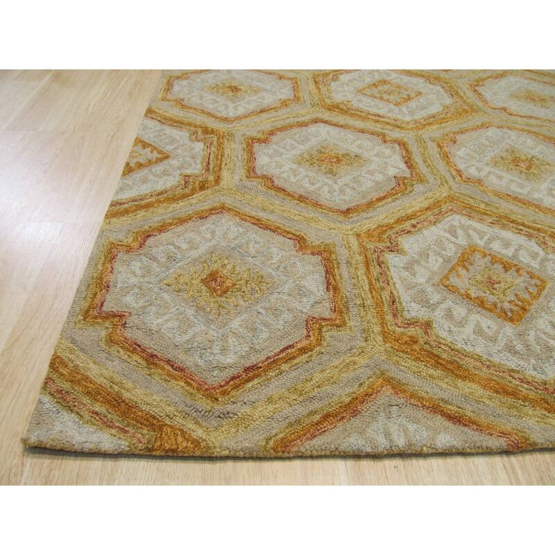 Gold Hand-Tufted Wool Transitional Geometric Rug, 5' x 8', Stylish Statement Accent - L