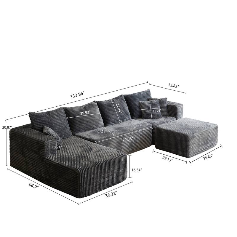 133.86" Cloud Modular U-Shaped Sectional Sofa with Ottoman, Deep-Seat Corded Fabric Couch for Living Room, No Assembly