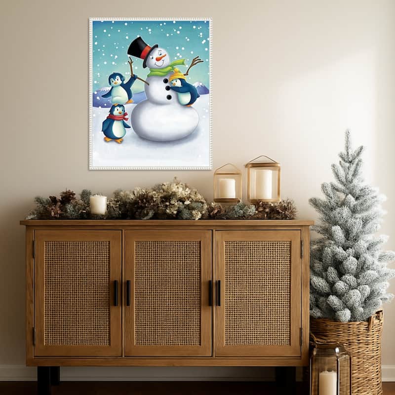 Joyful Snowman by Josefina (23 x 28 in.), Framed Canvas Wall Art Print - Sylvie Beaded White