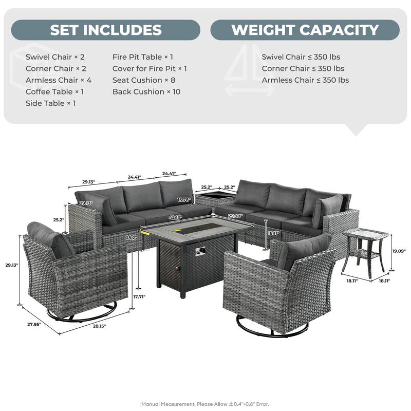 HOOOWOOO 11-piece Rattan Wicker Outdoor Furniture Set Swivel Chairs with Fire Pit