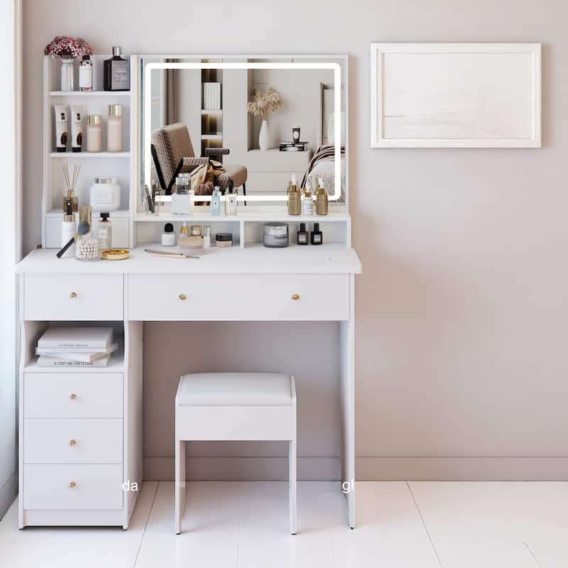 Modern Makeup Vanity Table with 27"x20" Lighted Mirror, 41" Wide Desktop, Left Drawer and Stool, Ideal for Large Rooms