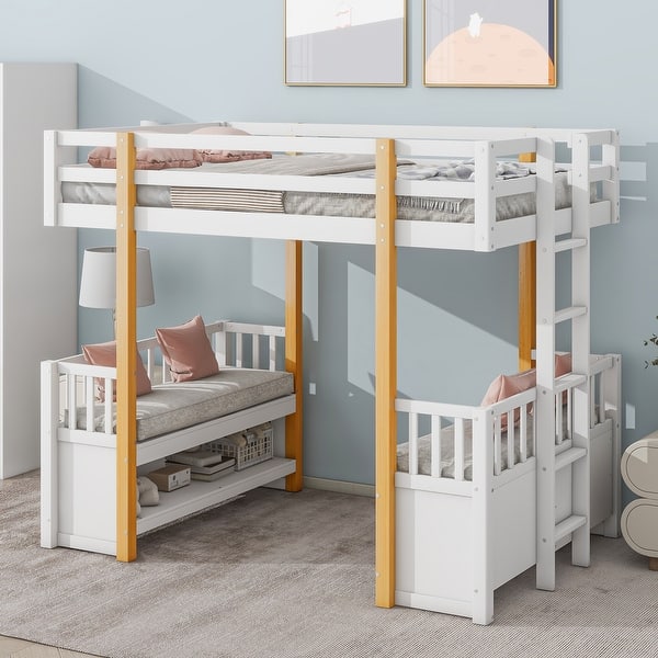 slide 2 of 7, White Twin Size Pine Loft Bed with Guardrails, Ladder, and 2 Seats with Storage White