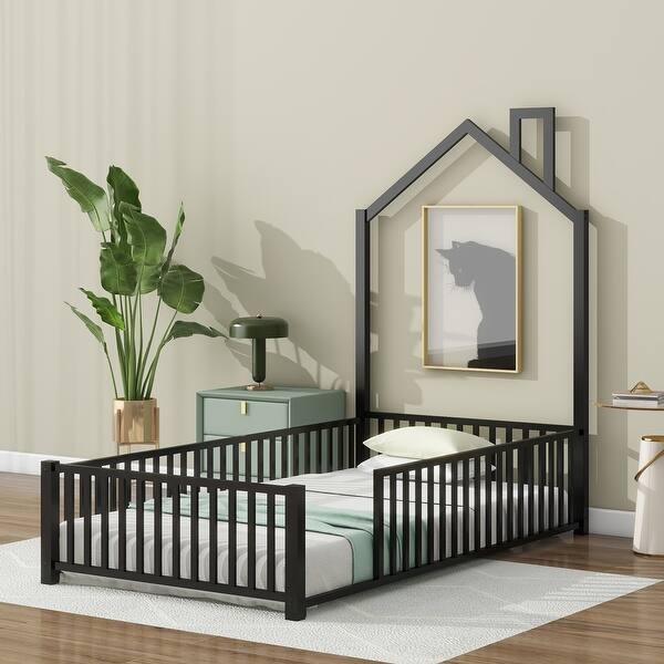 slide 2 of 26, Twin Metal House Bed with Guardrails Black