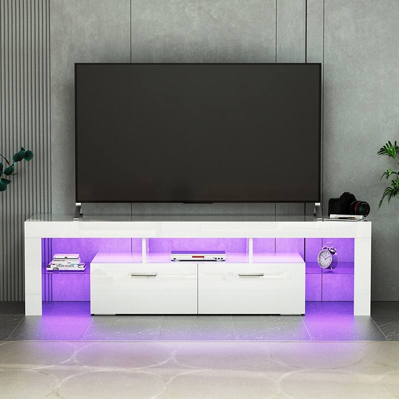 Fashion TV Stand, TV Cabinet,Entertainment Center, TV station Media Console with LED Light Belt Remote Control, - white 2 drawers