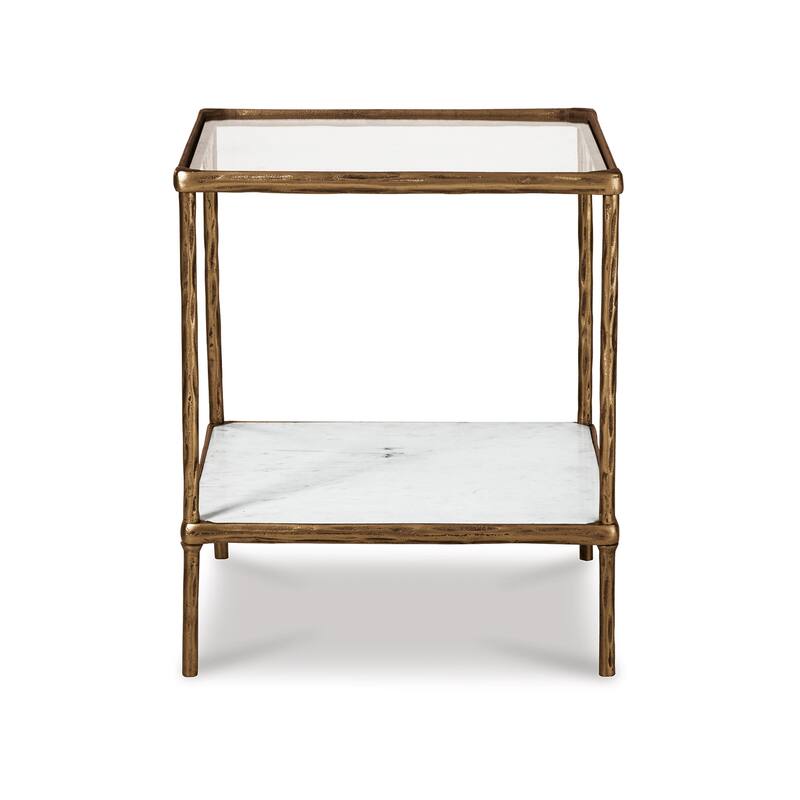 Dalie 25 Inch Accent Table, Square Glass Tabletop, Marble, Antique Gold