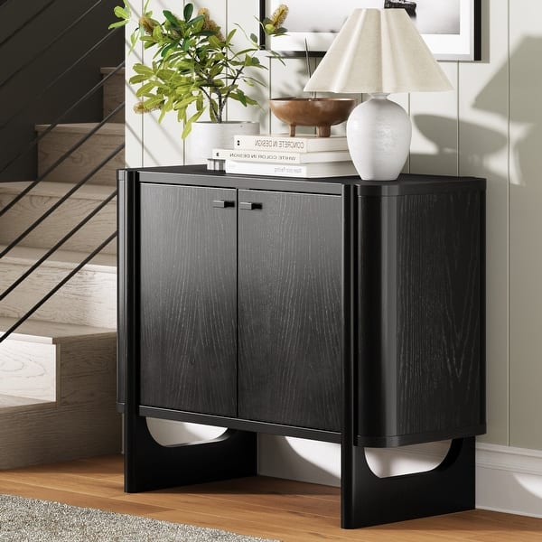 slide 2 of 8, Solace Mid Century Modern Cabinet, Storage Accent Cabinet or TV Stand with Doors, Solid Wood Legs and Adjustable Shelf Single - Black