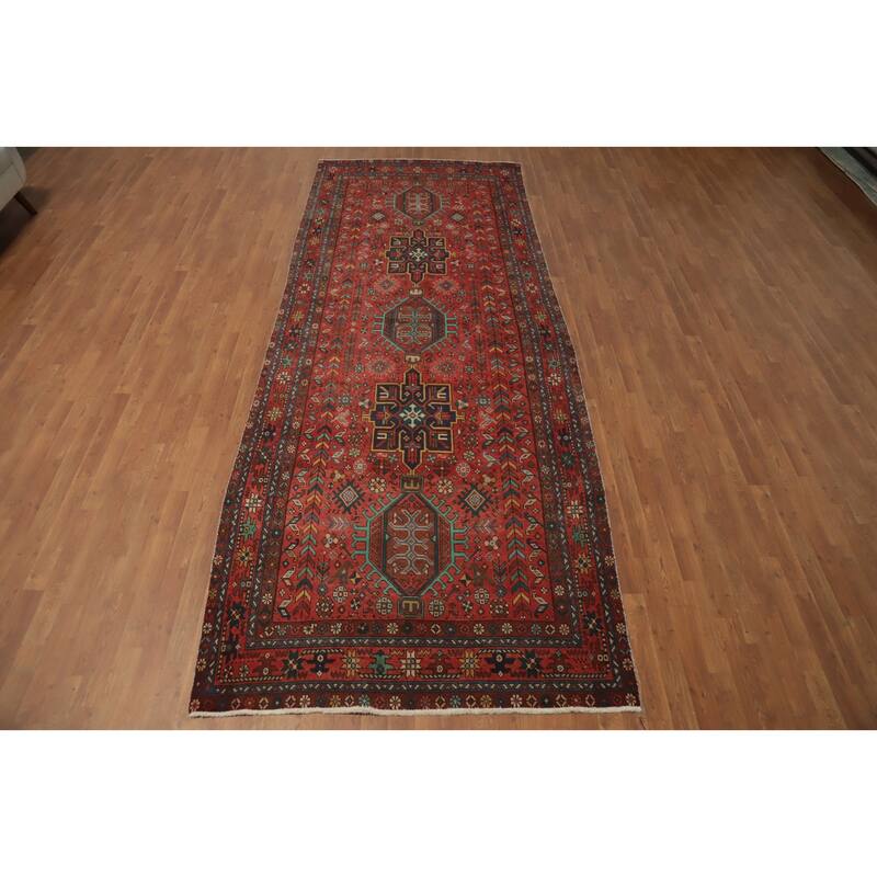 Hand Knotted Oriental 100% Wool Carpet Traditional Geometric Red Heriz Area Rug - 12' 9'' X 5' 1''