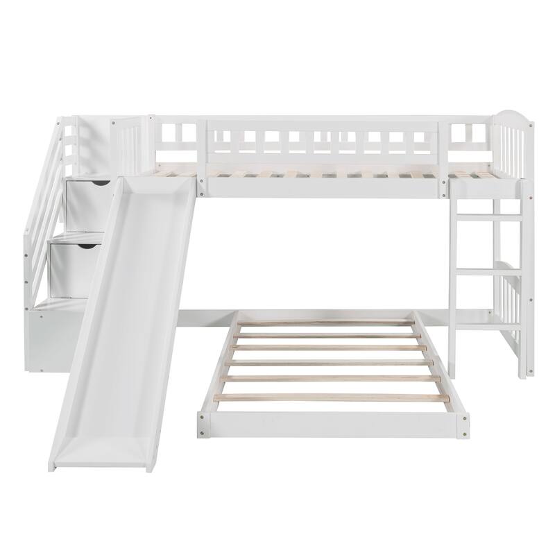 Twin Over Twin Low Bunk Bed with Slide and Stairs Storage, Wooden L-Shaped Bunkbed Frame for Kids/Teens/Adults Bedroom Dorm