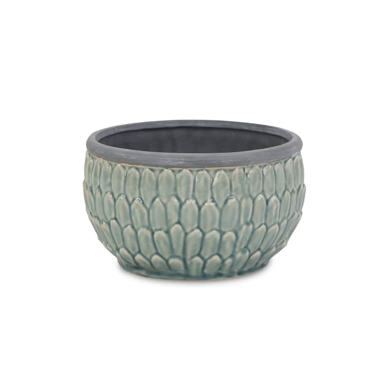 Blue Ceramic Round Pot with an Overlapping Leaf Pattern